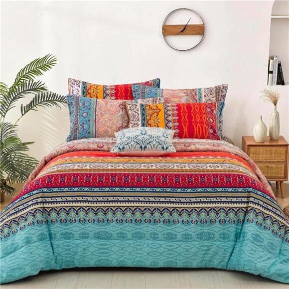 Striped Bohemian Comforter Set Queen Size 3 Pieces Boho Hippie Geometric Bedding - Picture 2 of 8
